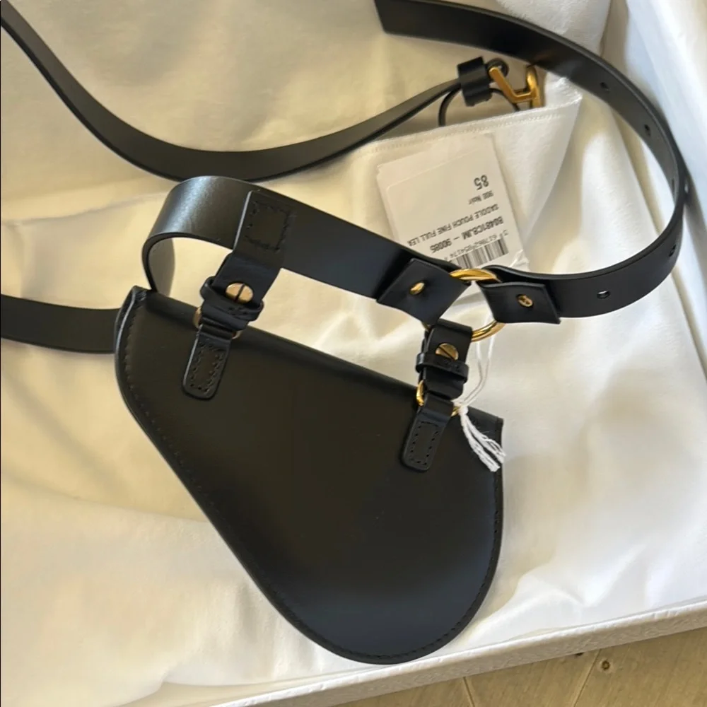 Christian Dior saddle Black Leather logo Belt with Gold Sz 85